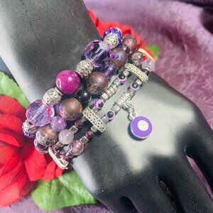 One-of-a-Kind Evil Eye Fluorite, Crackled Glass, Resin & Pewter Bracelet Set